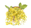 beautiful bouquet yellow acacia, flowers in a basket