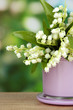 Beautiful lily of the valley in vase on nature background