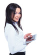 Business woman smiling using touch pad tablet