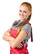 Foto: Young happy woman in red overalls Young happy woman in red overalls
