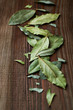 Bay leaves on rustic wooden background