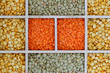 Selection of lentils in wooden compartments