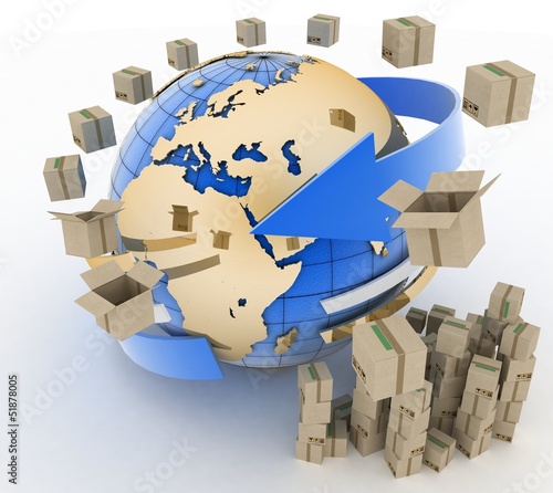Illustration: 3d cardboard boxes around globe on white background 3d cardboard boxes around globe on white background