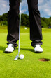 Golf player putting ball in hole