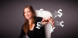 Young lady throwing currency icons
