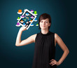 woman holding modern tablet with colorful shopping bags on cloud