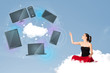 Young girl sitting on cloud enjoying cloud network service