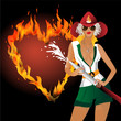 girl in uniform fire extinguish burning heart