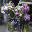 Photo: bouquet of blue hyacinth in vase of glass. bouquet of blue hyacinth in vase of glass.