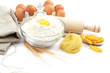 Bakery ingredient. Flour with raw eggs for making dough isolated