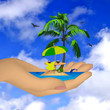 Sea ??island with palm in a female hand. Vector