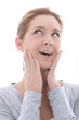 Photo: Woman thinking with her hands to her face Woman thinking with her hands to her face