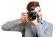 Photo: Lachender Hochzeitsfotograf mit Kamera Lachender Hochzeitsfotograf mit Kamera