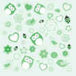 Illustration: owls, birds, flowers, ladybugs on invitation background owls, birds, flowers, ladybugs on invitation background
