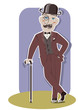 Vintage gentleman in black bowler hat and cane.Vector color illu