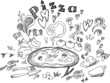 Digital illustration of pizza and ingredients