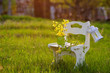 Photo: White wooden chair with flowers in the sunset light White wooden chair with flowers in the sunset light
