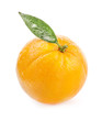 Ripe orange fruit with leaf and water drops isolated on white
