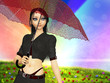 Girl with umbrella on grass field