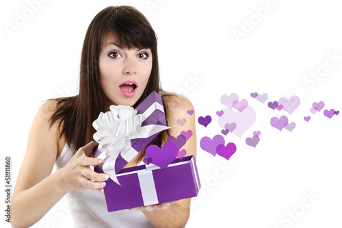 Photo: girl opens a box surprise of hearts girl opens a box surprise of hearts