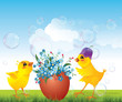 Chickens and floral egg on meadow