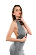 Pretty brunette in grey dress
