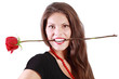 Smiling woman holds red rose between her teeth isolated on white