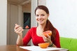  long-haired woman in red eats grapefruit