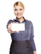 A beautiful woman holds out a business or credit card Isolated o