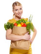 Young woman with a grocery shopping bag. Isolated on white backg