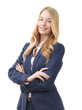 Attractive businesswoman smiling against white background