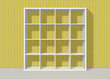 white empty square bookshelf on yellow brick wall background