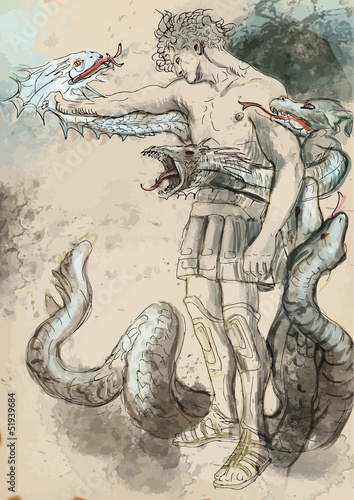 Vector: Hercules - Slay the nine-headed Lernaean Hydra. Hercules - Slay the nine-headed Lernaean Hydra.