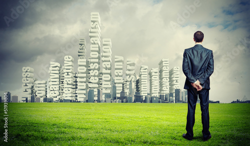 Illustration: Businessman against cityscape Businessman against cityscape