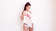 Beautiful Brunette Girl Posing on White Background
