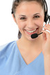 Photo: Smiling female customer support phone operator Smiling female customer support phone operator