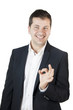 Ok! Young Manager doing ok with finger. White background.