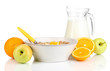 Useful oatmeal in bowl with fruit isolated on white