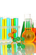 Molecule model and test tubes with colorful liquids isolated