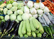 Assorted fruit and vegetable trays in the street market