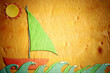 childlike drawing of sand, holiday sailing boat