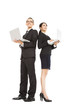 young business man and woman holding laptop