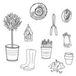 Set of hand drawn garden tools, pot, ground, olive tree in a pot