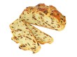 A fruit loaf and slices on a white background