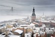 Areal view on Riga cityscape in fog, Latvia