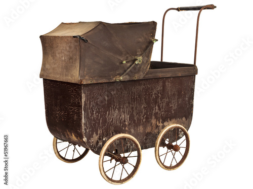 Photo: Nineteenth Century baby pram isolated on white Nineteenth Century baby pram isolated on white