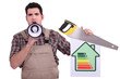 Carpenter with an energy rating sign
