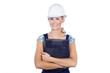 Bau Arbeiterin mit Helm lacht