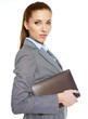 Photo: young attractive business woman uses a mobile tablet computer wi young attractive business woman uses a mobile tablet computer wi
