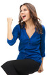 Happy gesturing businesswoman , on white